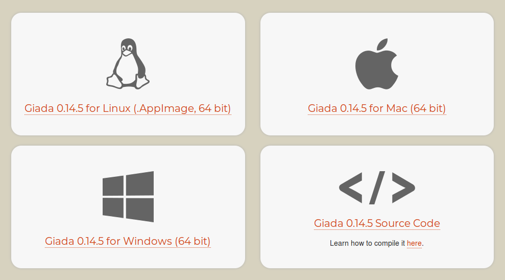 Download page overview, showing Windows, MacOS, Linux and Source code downloads